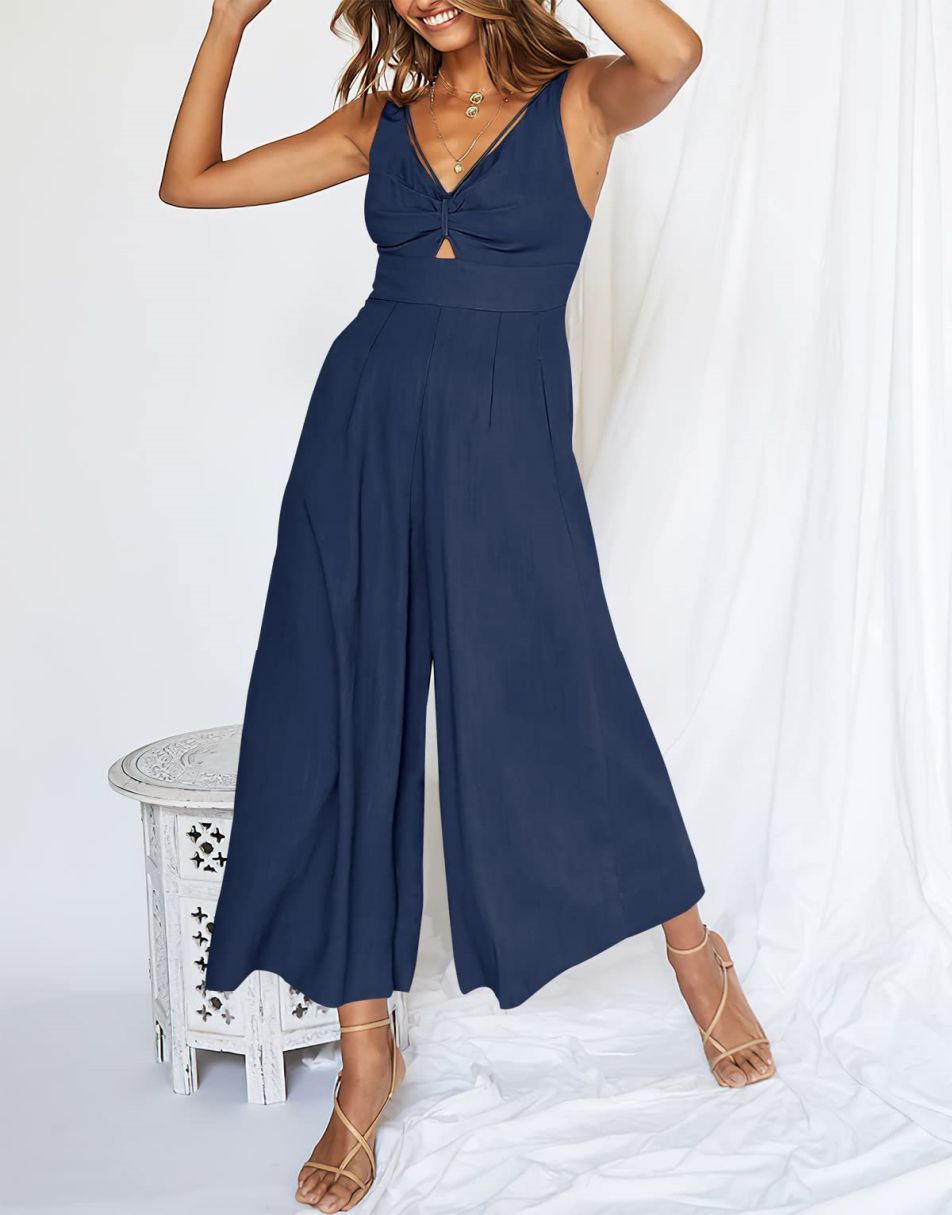 ANRABESS Wide Leg V-Neck Jumpsuit with Adjustable Straps