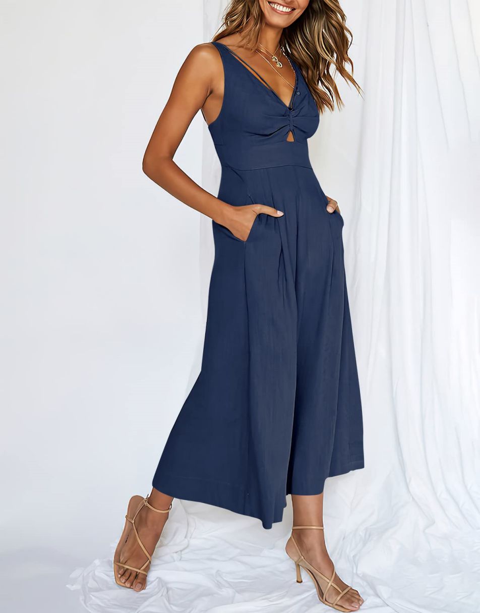 ANRABESS Wide Leg V-Neck Jumpsuit with Adjustable Straps