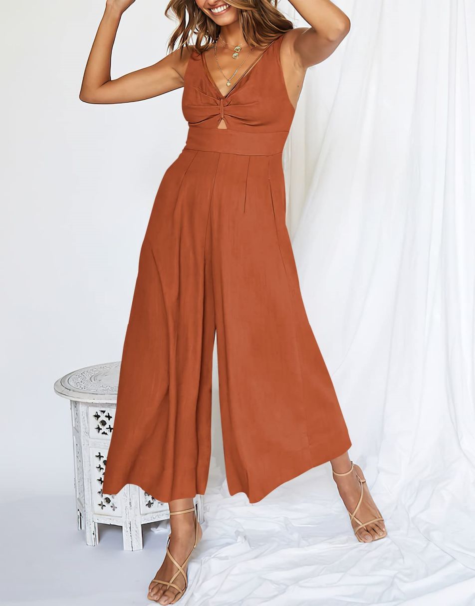 ANRABESS Wide Leg V-Neck Jumpsuit with Adjustable Straps