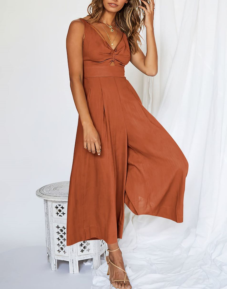 ANRABESS Wide Leg V-Neck Jumpsuit with Adjustable Straps