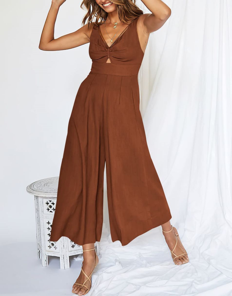 ANRABESS Wide Leg V-Neck Jumpsuit with Adjustable Straps