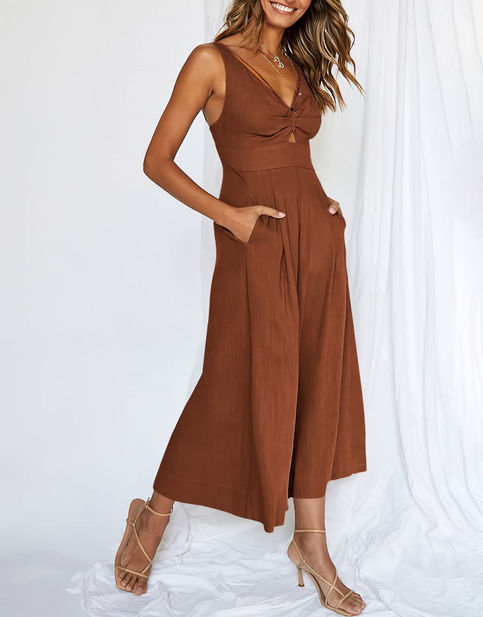 ANRABESS Wide Leg V-Neck Jumpsuit with Adjustable Straps