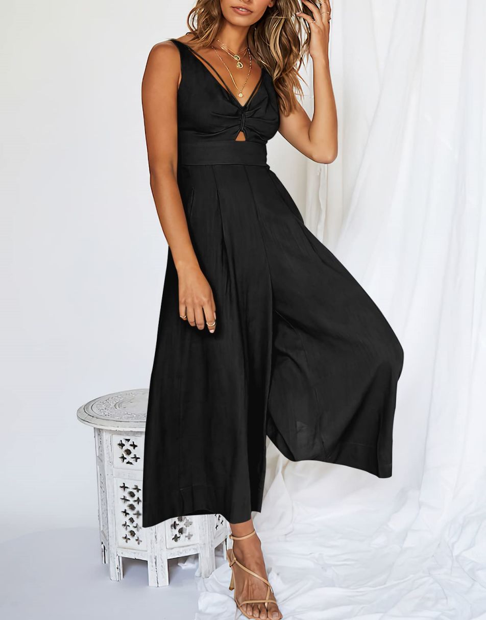 ANRABESS Wide Leg V-Neck Jumpsuit with Adjustable Straps