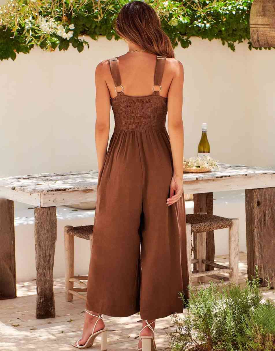 ANRABESS Wide Leg V-Neck Jumpsuit with Adjustable Straps