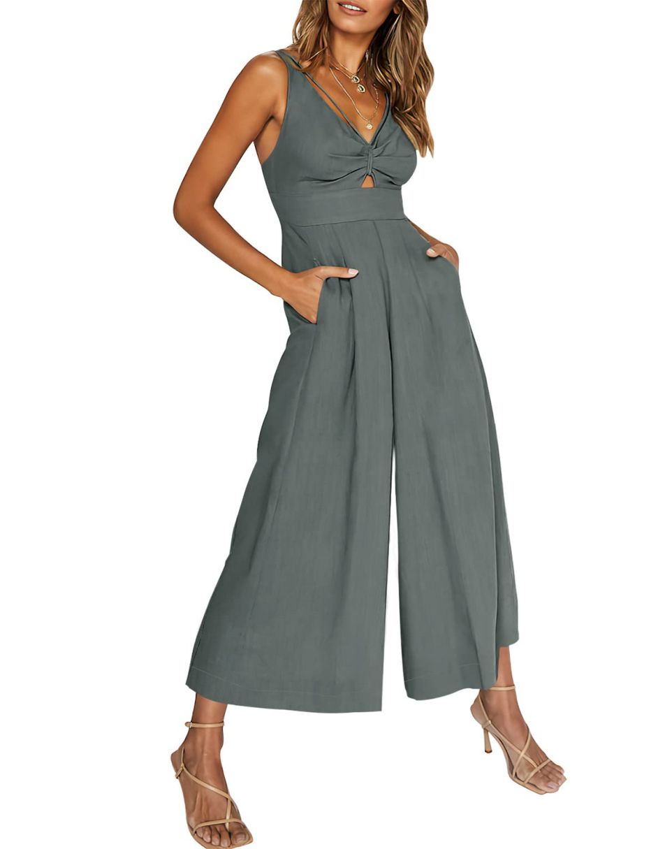 ANRABESS Wide Leg V-Neck Jumpsuit with Adjustable Straps