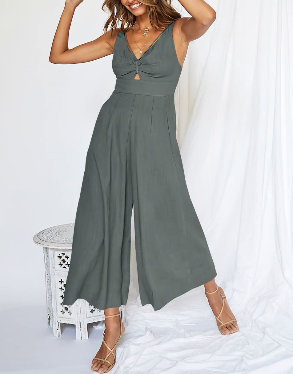 ANRABESS Wide Leg V-Neck Jumpsuit with Adjustable Straps