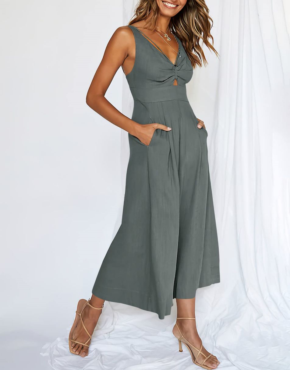 ANRABESS Wide Leg V-Neck Jumpsuit with Adjustable Straps