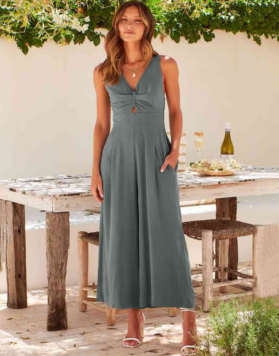 ANRABESS Wide Leg V-Neck Jumpsuit with Adjustable Straps