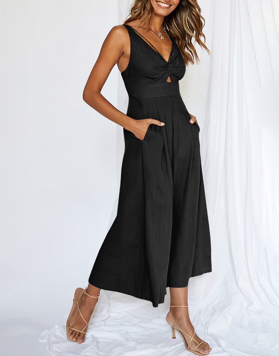 ANRABESS Wide Leg V-Neck Jumpsuit with Adjustable Straps