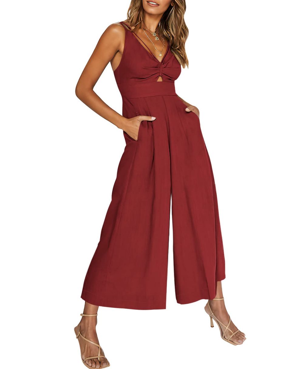 ANRABESS Wide Leg V-Neck Jumpsuit with Adjustable Straps