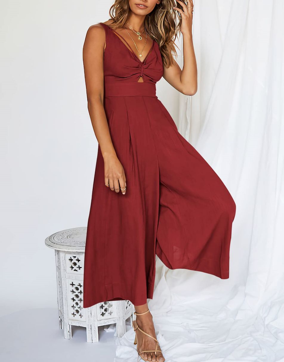 ANRABESS Wide Leg V-Neck Jumpsuit with Adjustable Straps