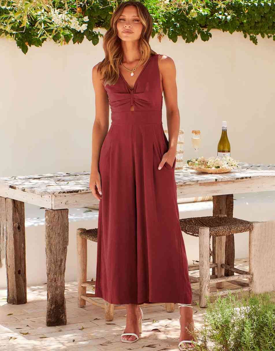 ANRABESS Wide Leg V-Neck Jumpsuit with Adjustable Straps