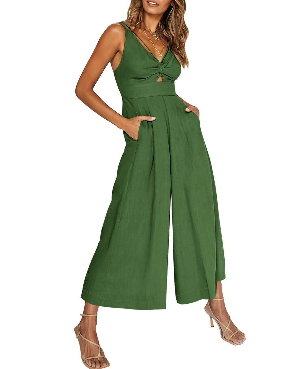 ANRABESS Wide Leg V-Neck Jumpsuit with Adjustable Straps