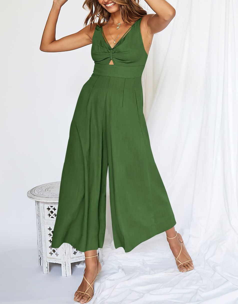 ANRABESS Wide Leg V-Neck Jumpsuit with Adjustable Straps