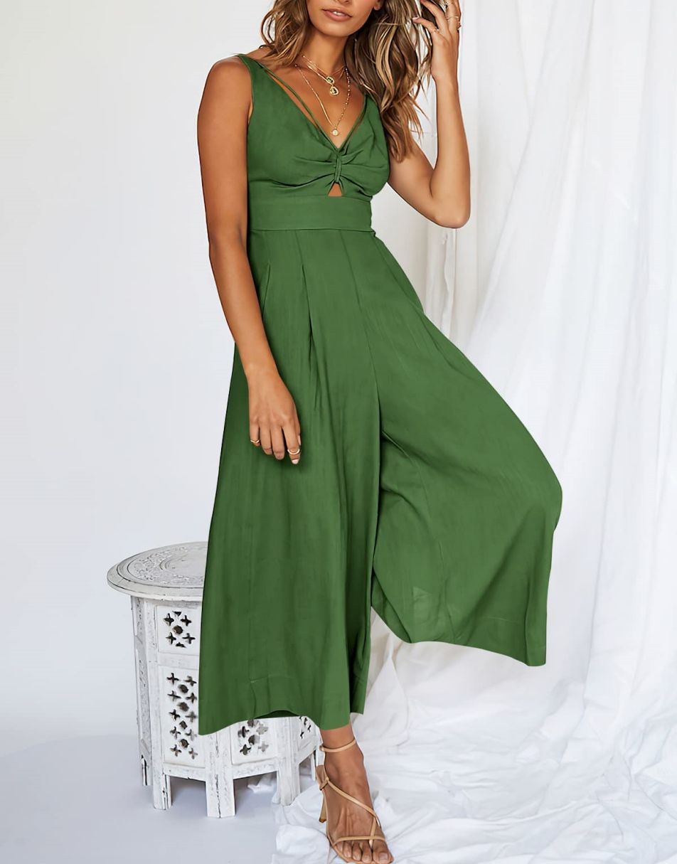 ANRABESS Wide Leg V-Neck Jumpsuit with Adjustable Straps