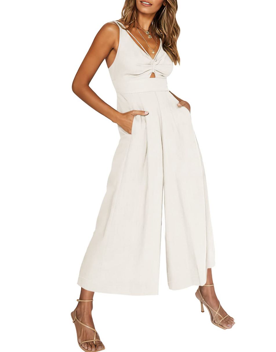 ANRABESS Wide Leg V-Neck Jumpsuit with Adjustable Straps