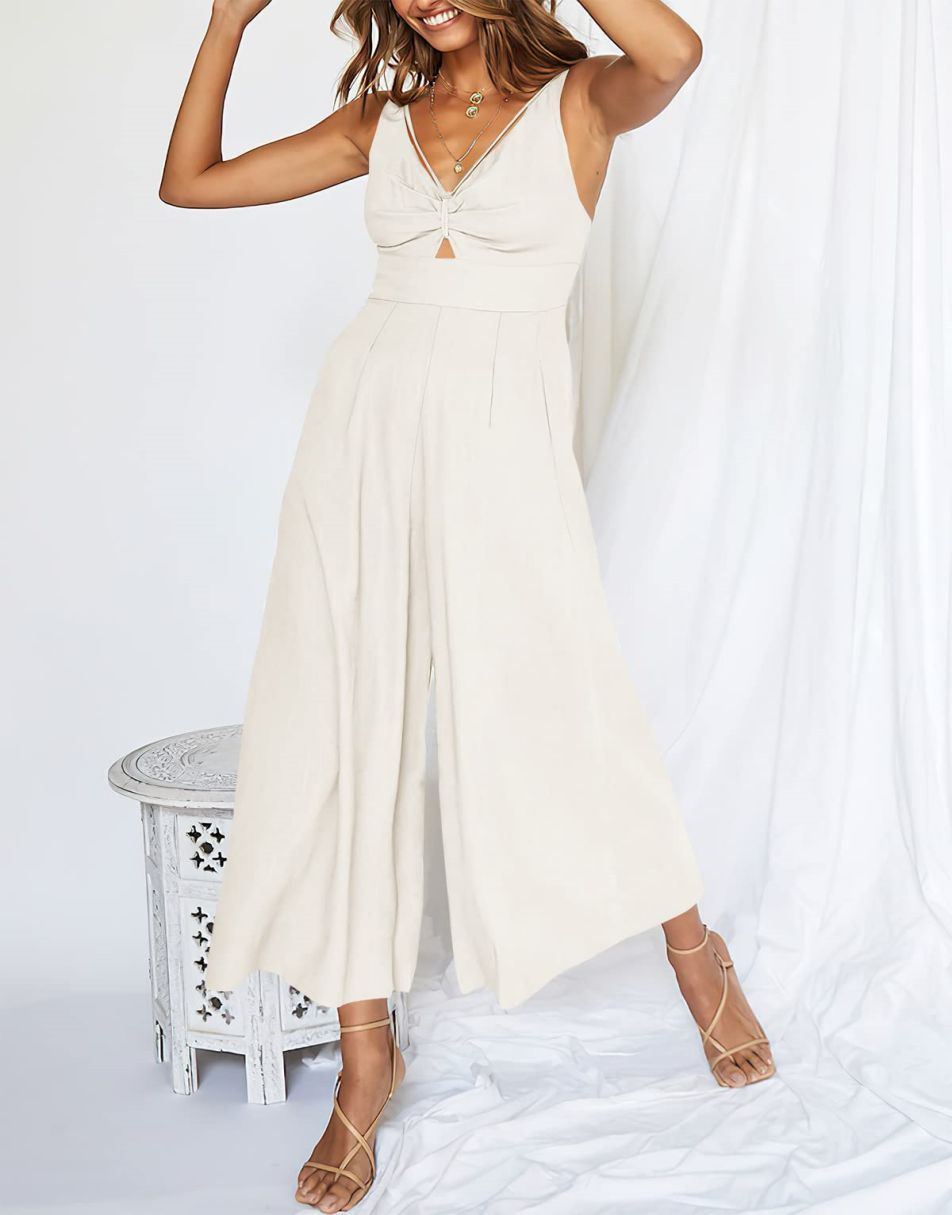 ANRABESS Wide Leg V-Neck Jumpsuit with Adjustable Straps