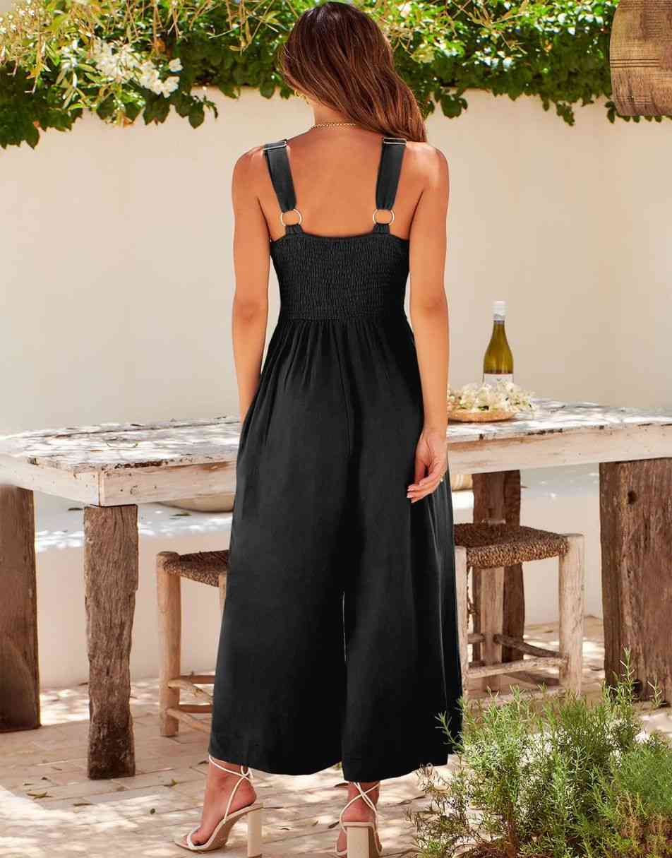 ANRABESS Wide Leg V-Neck Jumpsuit with Adjustable Straps