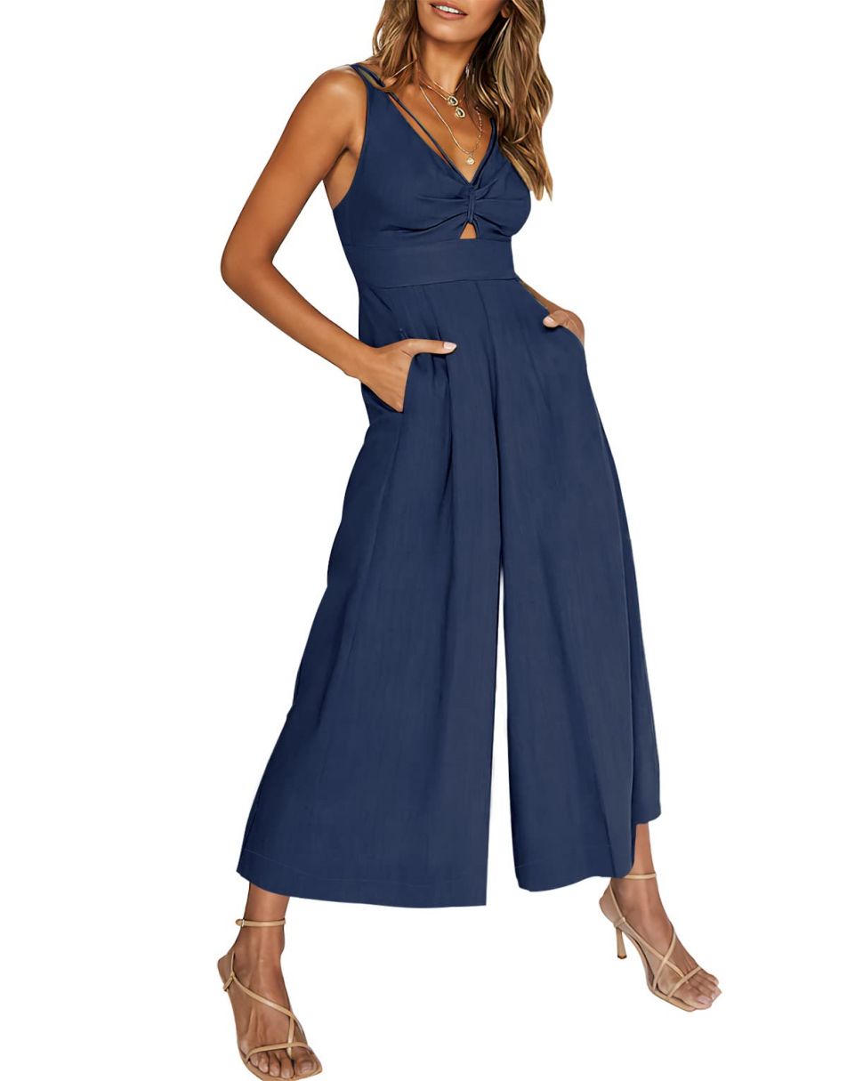 ANRABESS Wide Leg V-Neck Jumpsuit with Adjustable Straps